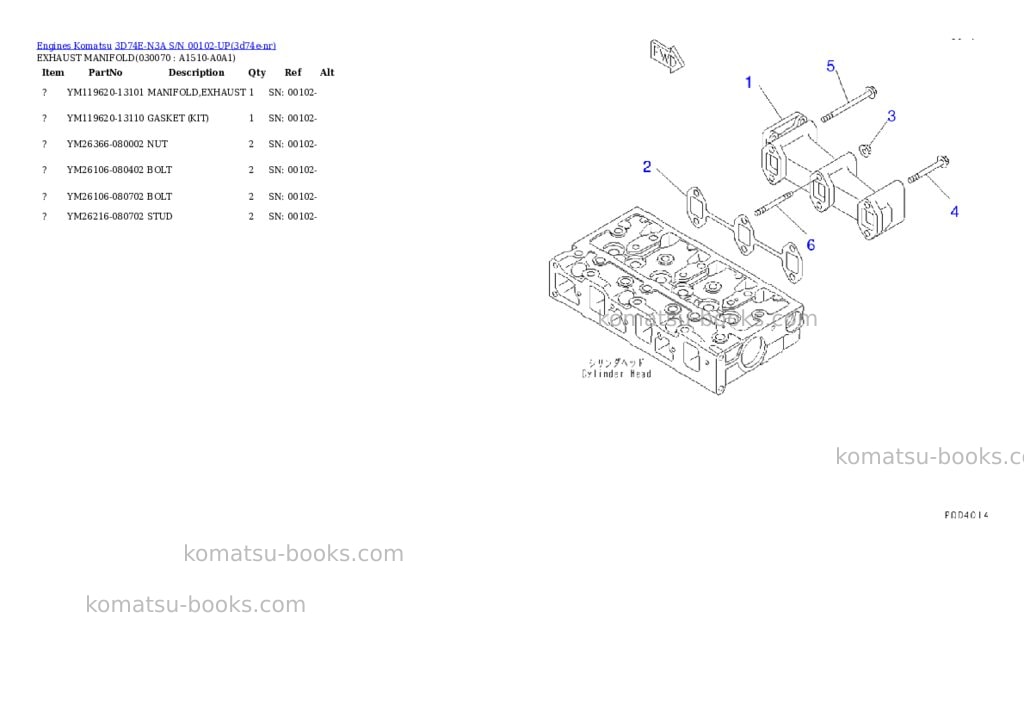 Komatsu 3D74E-N3A S/N 00102-UP Parts catalog cover Page 6