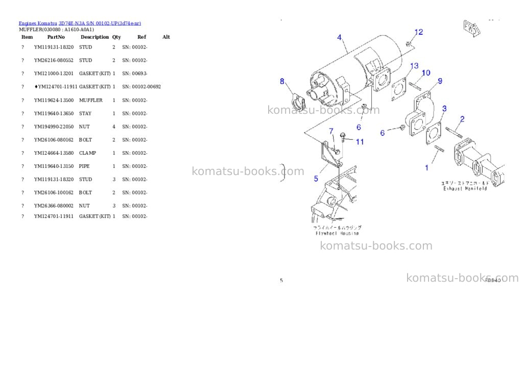 Komatsu 3D74E-N3A S/N 00102-UP Parts catalog cover Page 7