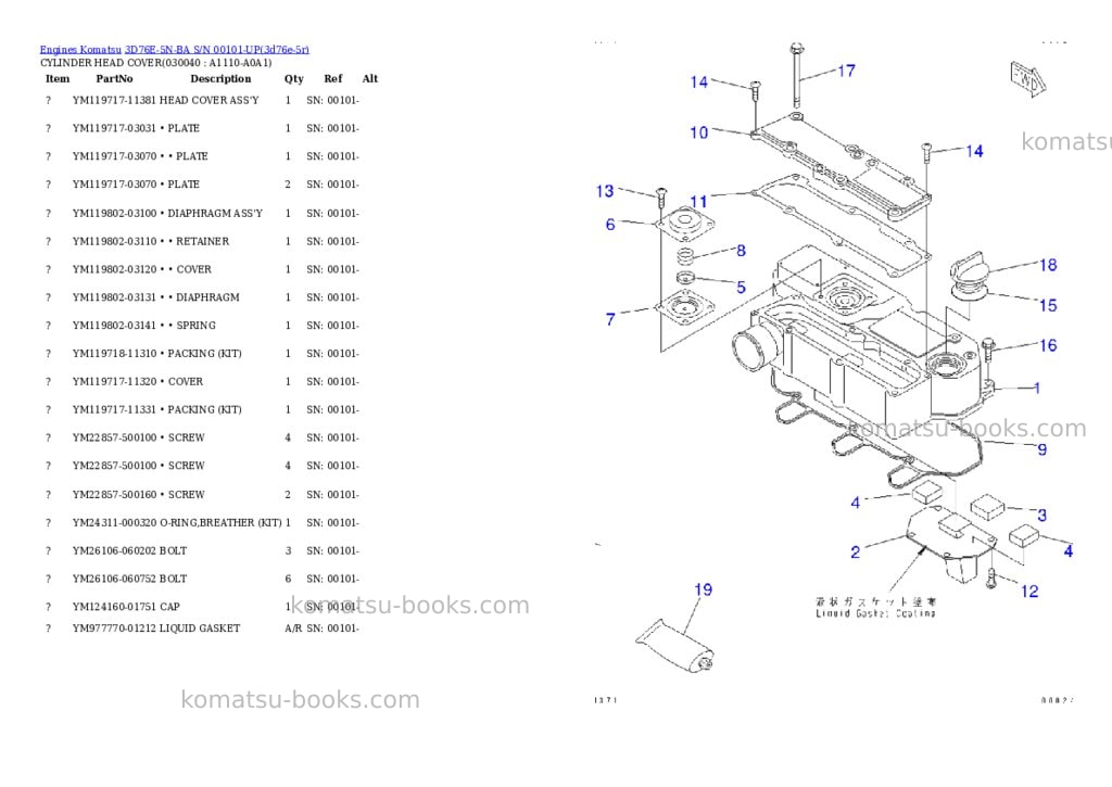 Komatsu 3D76E-5N-BA S/N 00101-UP Parts catalog cover Page 3