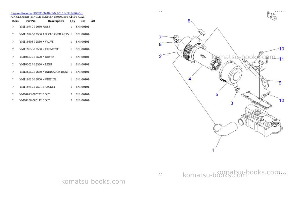 Komatsu 3D76E-5N-BA S/N 00101-UP Parts catalog cover Page 4