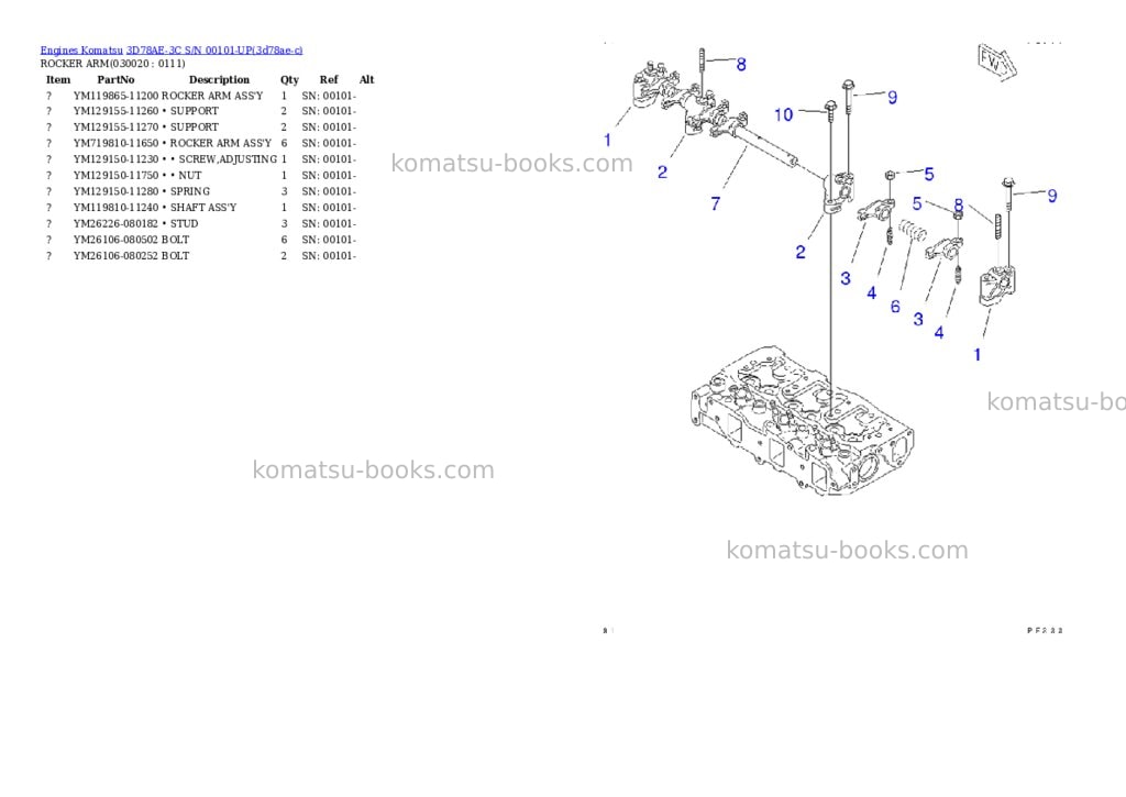 Komatsu 3d78ae-3c s/n 00101-up Parts catalog cover