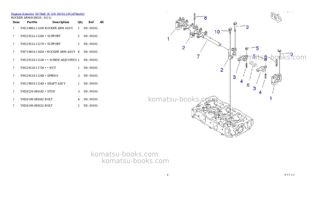 Komatsu 3D78AE-3C S/N 00101-UP Parts catalog cover