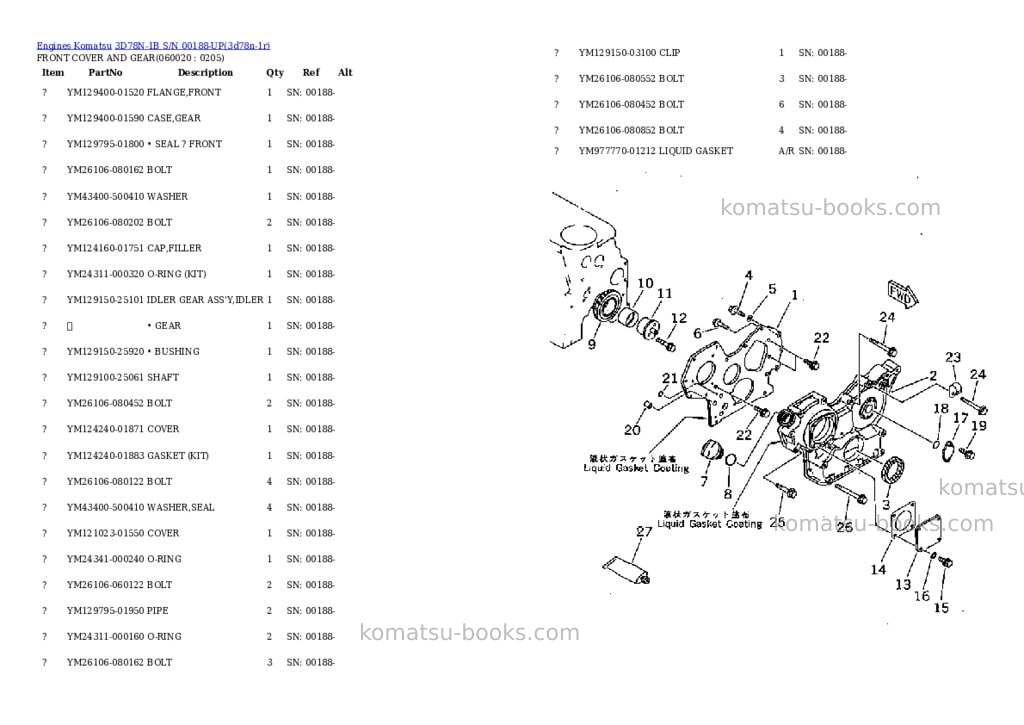 Komatsu 3D78N-1B S/N 00188-UP Parts catalog cover Page 7