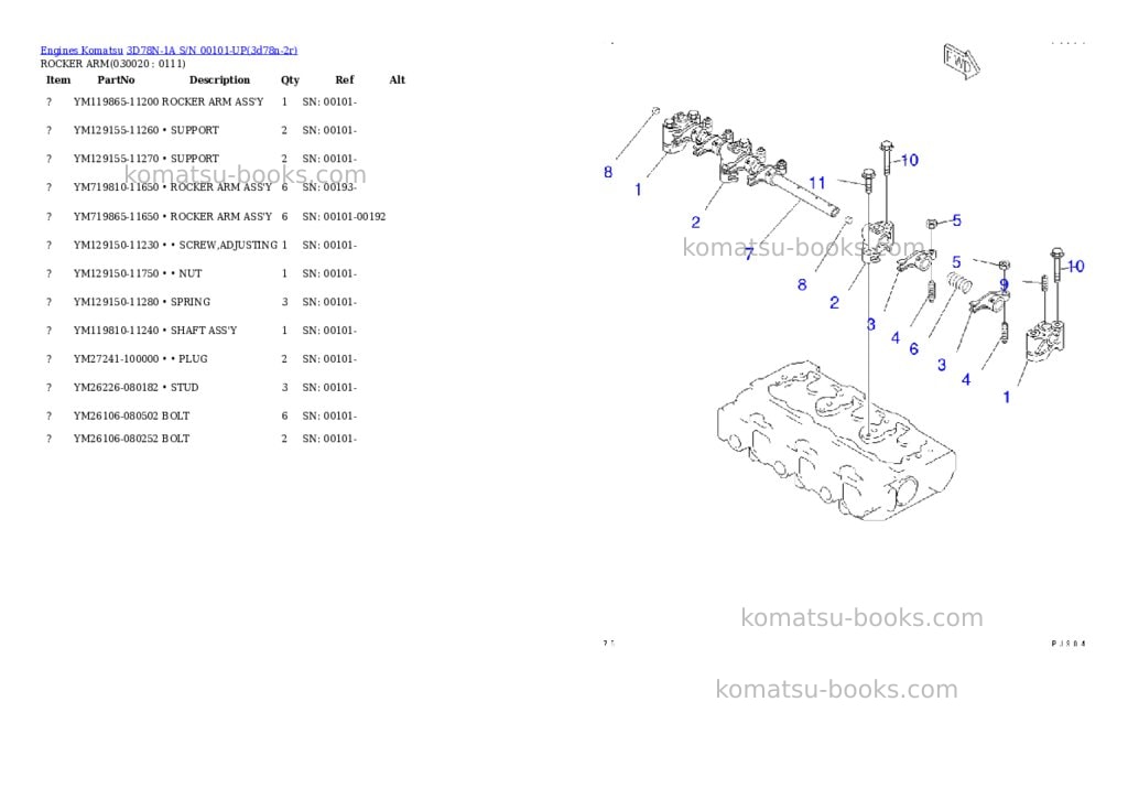 Komatsu 3d78n-1a s/n 00101-up Parts catalog cover
