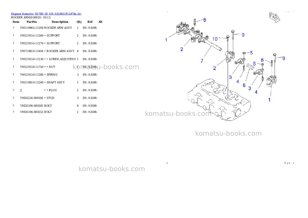 Komatsu 3d78n-1e s/n 03598-up Parts catalog cover