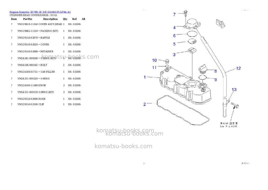Komatsu 3d78n-1e s/n 03598-up Parts catalog cover Page 2