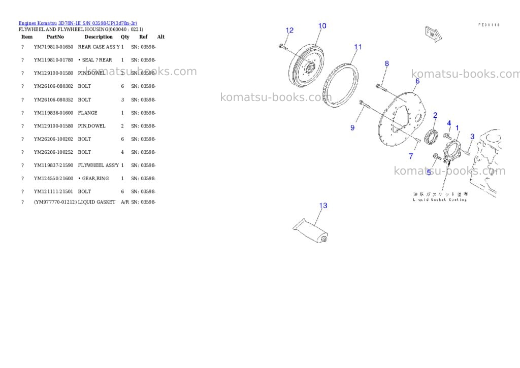Komatsu 3d78n-1e s/n 03598-up Parts catalog cover Page 9