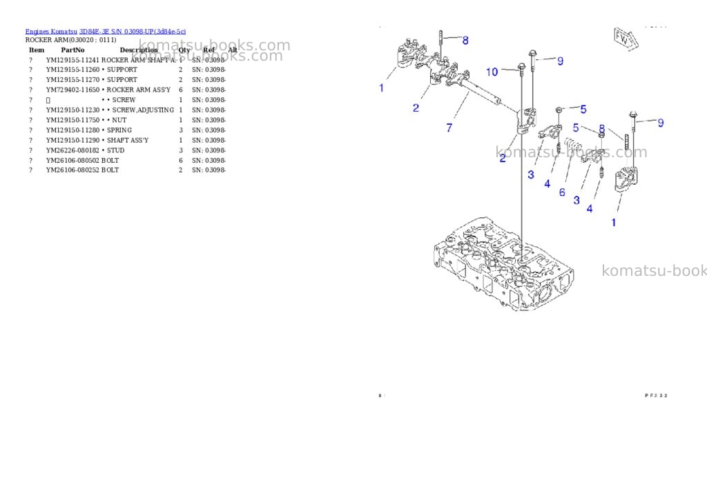 Komatsu 3d84e-3e s/n 03098-up Parts catalog cover