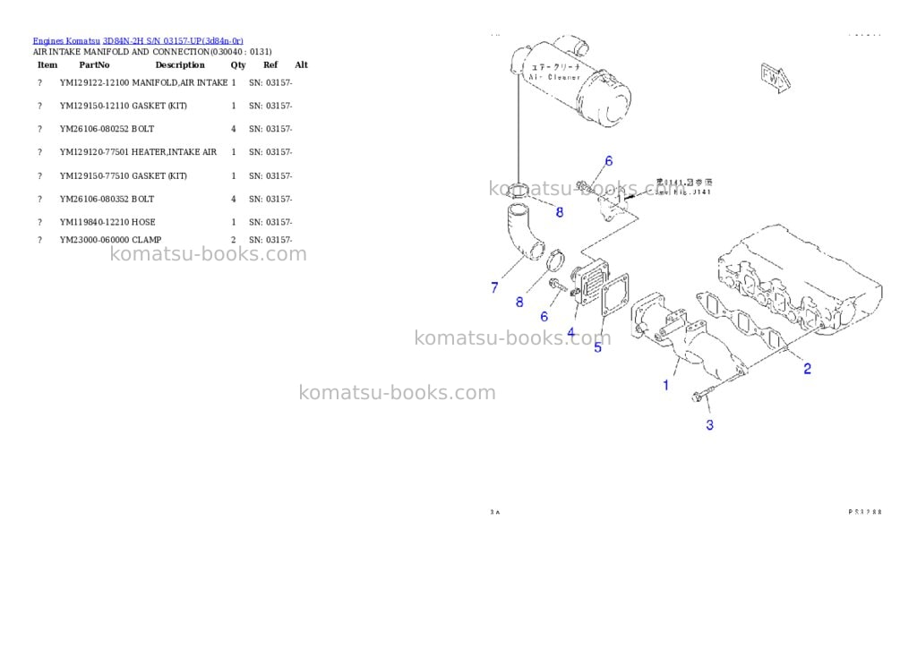 Komatsu 3D84N-2H S/N 03157-UP Parts catalog cover Page 3 Komatsu 3D84N-2H S/N 03157-UP Parts catalog cover Page 3