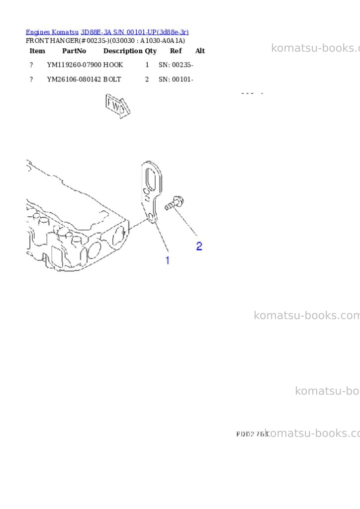 Komatsu 3d88e-3a s/n 00101-up Parts catalog cover Page 2 Komatsu 3d88e-3a s/n 00101-up Parts catalog cover Page 2