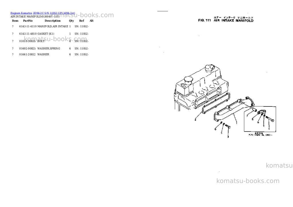 Komatsu 3d94-2c s/n 11852-up Parts catalog cover Page 3