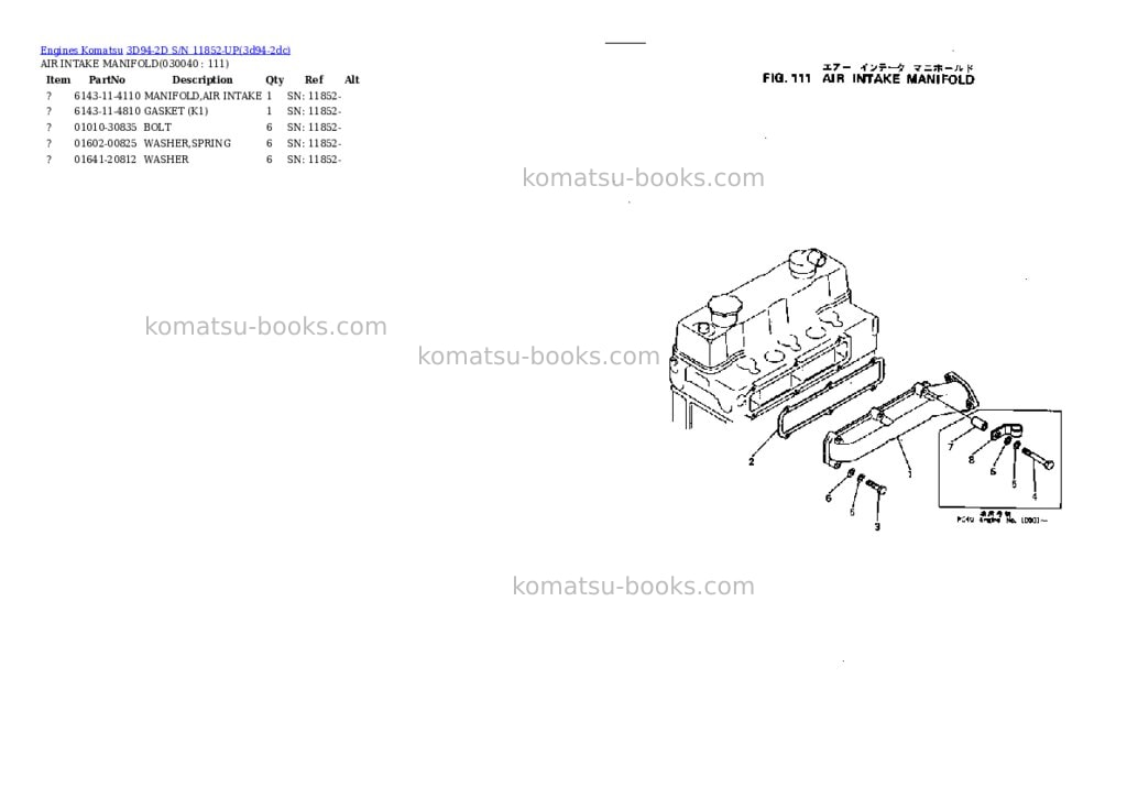 Komatsu 3d94-2d s/n 11852-up Parts catalog cover Page 3 Komatsu 3d94-2d s/n 11852-up Parts catalog cover Page 3