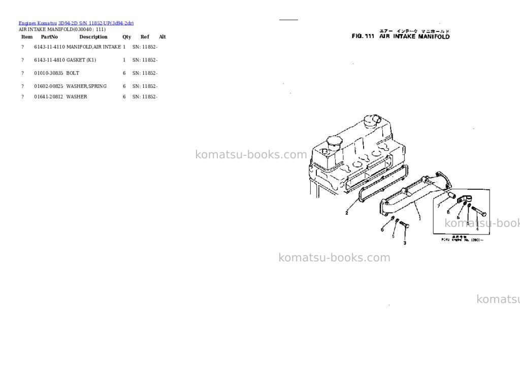 Komatsu 3D94-2D S/N 11852-UP Parts catalog cover Page 3 Komatsu 3D94-2D S/N 11852-UP Parts catalog cover Page 3