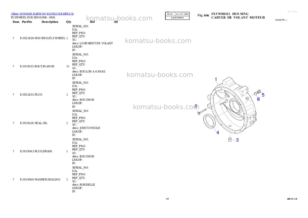 Komatsu 450 PLUS Parts catalog cover Page 6 Komatsu 450 PLUS Parts catalog cover Page 6
