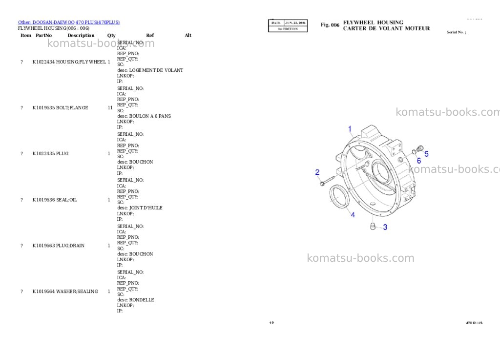 Komatsu 470 PLUS Parts catalog cover Page 6 Komatsu 470 PLUS Parts catalog cover Page 6