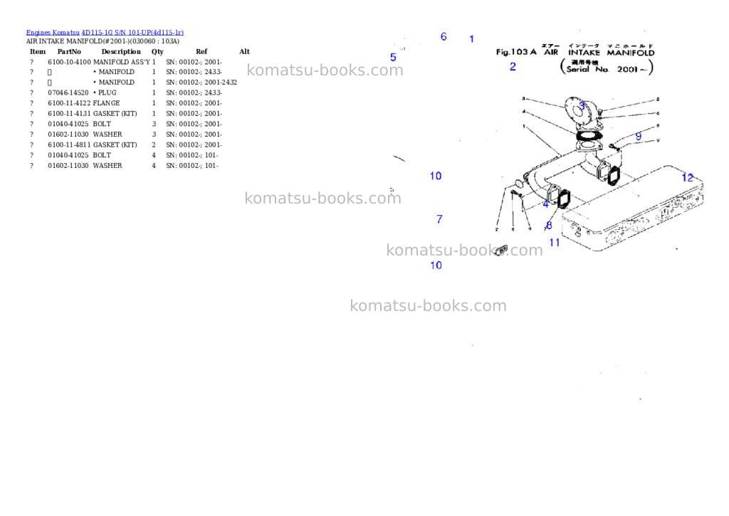 Komatsu 4D115-1G S/N 101-UP Parts catalog cover