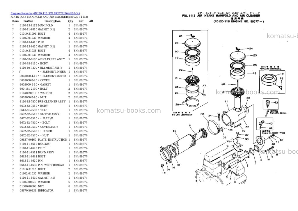 Komatsu 4d120-11b s/n 89377-up Parts catalog cover Komatsu 4d120-11b s/n 89377-up Parts catalog cover