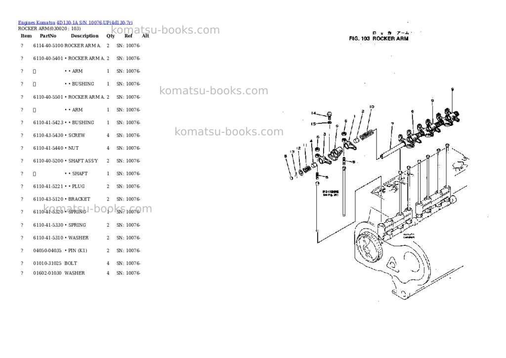 Komatsu 4D130-1A S/N 10076-UP Parts catalog cover