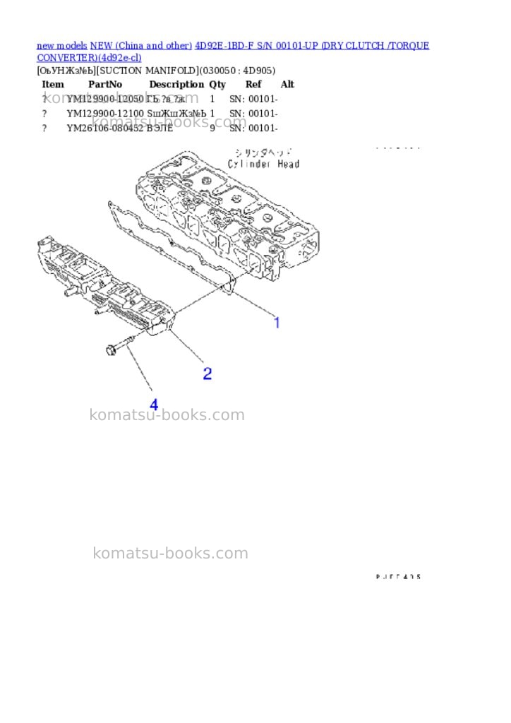 Komatsu 4d92e-1bd-f s/n 00101-up dry clutch /torque converter Parts catalog cover Page 4 Komatsu 4d92e-1bd-f s/n 00101-up dry clutch /torque converter Parts catalog cover Page 4