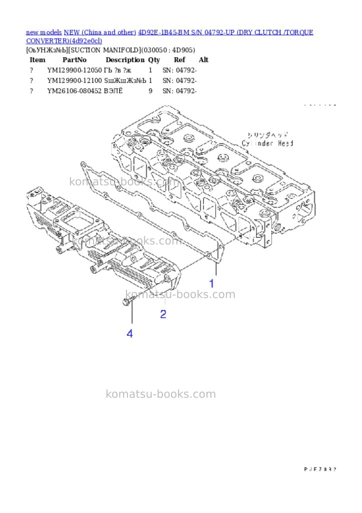 Komatsu 4d92e-1b45-bm s/n 04792-up dry clutch /torque converter Parts catalog cover Page 4 Komatsu 4d92e-1b45-bm s/n 04792-up dry clutch /torque converter Parts catalog cover Page 4