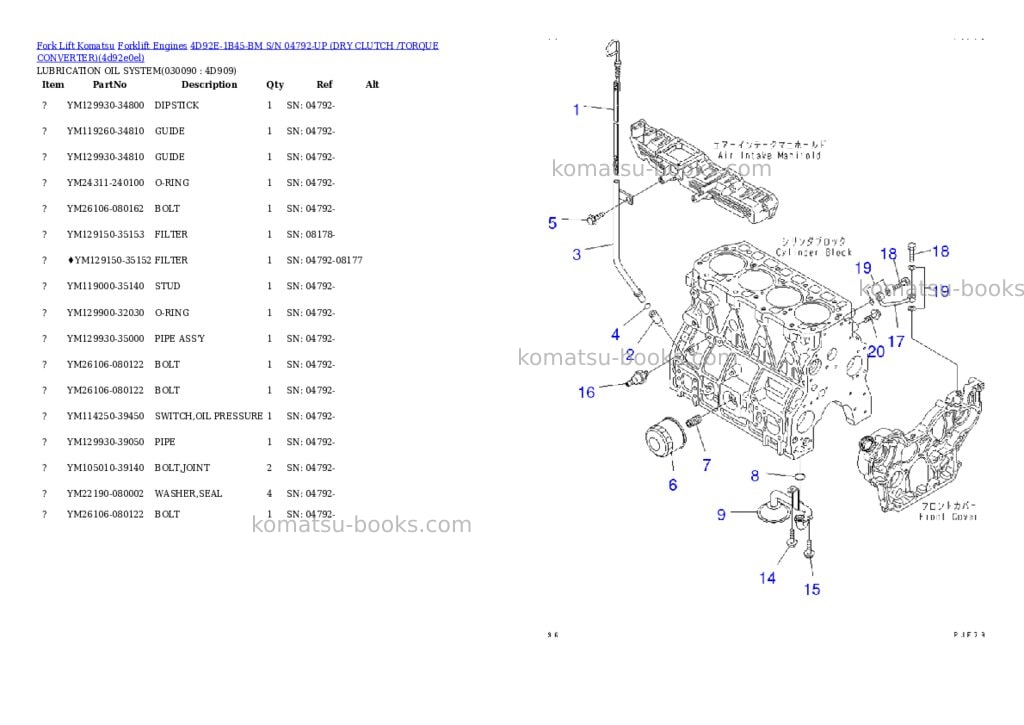 Komatsu 4d92e-1b45-bm s/n 04792-up (ドライクラッチ/トルクコンバータ) Parts catalog cover Page 8 Komatsu 4d92e-1b45-bm s/n 04792-up (ドライクラッチ/トルクコンバータ) Parts catalog cover Page 8