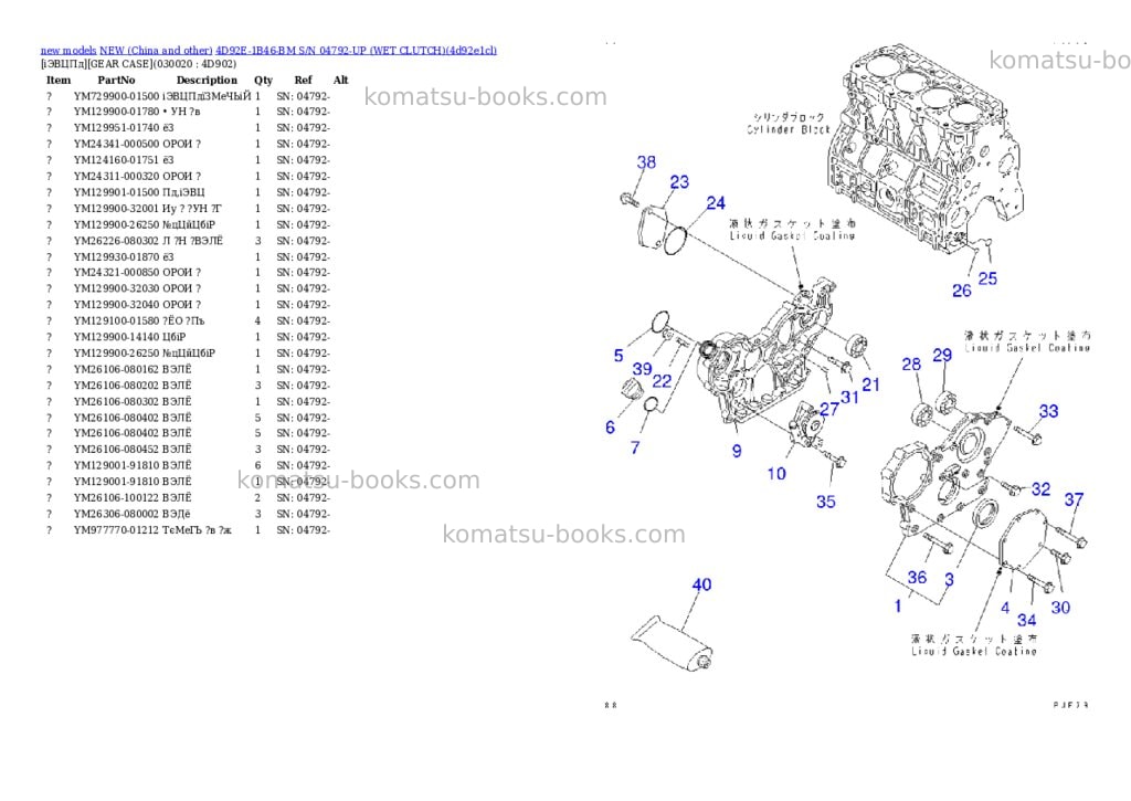 Komatsu 4d92e-1b46-bm s/n 04792-up wet clutch Parts catalog cover