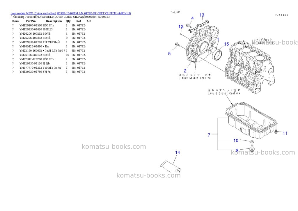Komatsu 4d92e-1b46-bm s/n 04792-up wet clutch Parts catalog cover Page 2