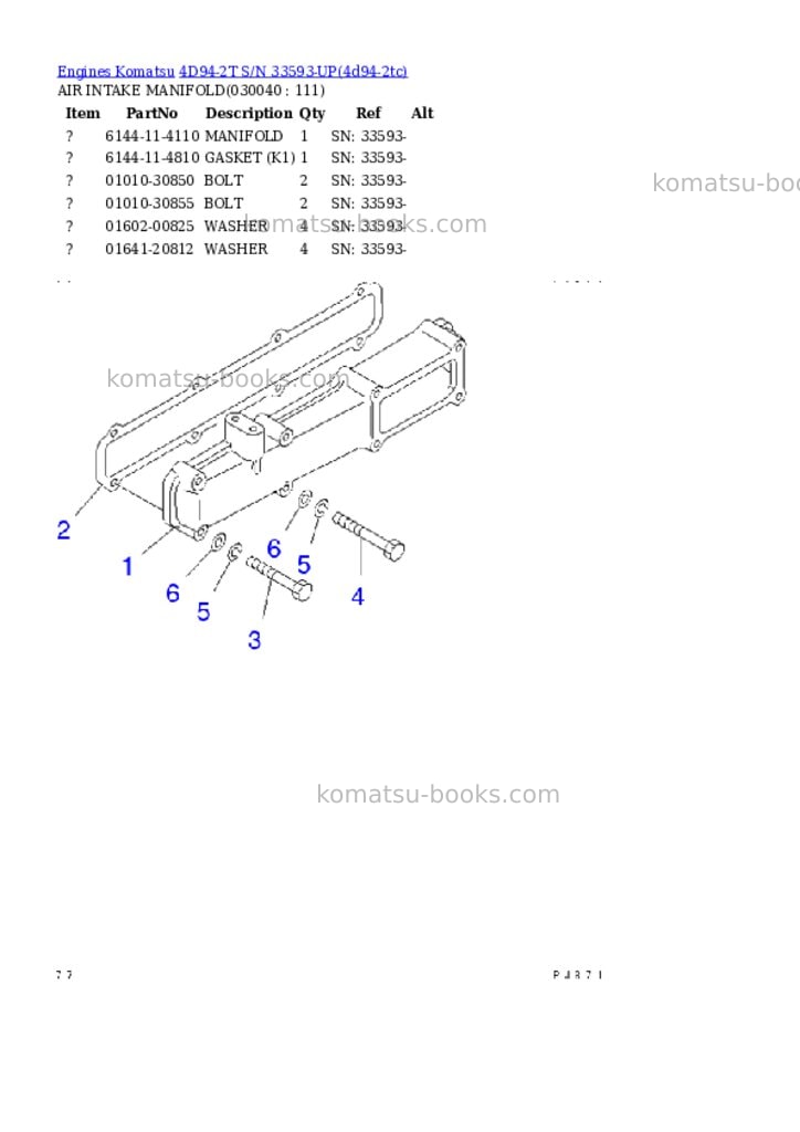 Komatsu 4d94-2t s/n 33593-up Parts catalog cover Page 3