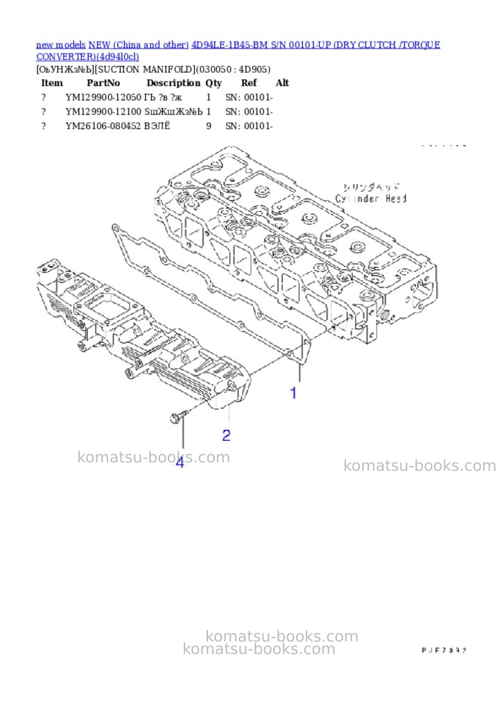 Komatsu 4d94le-1b45-bm s/n 00101-up dry clutch /torque converter Parts catalog cover Page 4 Komatsu 4d94le-1b45-bm s/n 00101-up dry clutch /torque converter Parts catalog cover Page 4