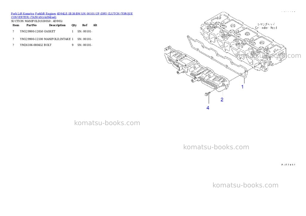 Komatsu 4D94LE-1B38-BM S/N 00101-UP (DRY CLUTCH /TORQUE CONVERTER) (TAIWAN) Parts catalog cover Page 4 Komatsu 4D94LE-1B38-BM S/N 00101-UP (DRY CLUTCH /TORQUE CONVERTER) (TAIWAN) Parts catalog cover Page 4
