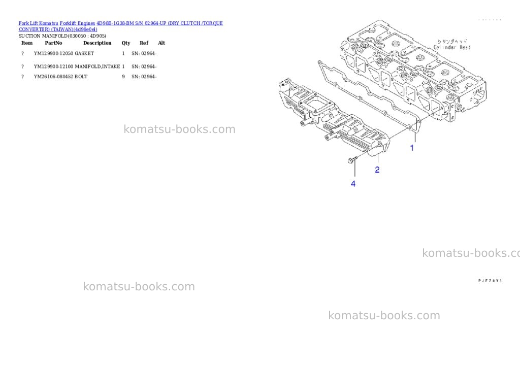 Komatsu 4D98E-1G38-BM S/N 02964-UP (DRY CLUTCH /TORQUE CONVERTER) (TAIWAN) Parts catalog cover Page 4 Komatsu 4D98E-1G38-BM S/N 02964-UP (DRY CLUTCH /TORQUE CONVERTER) (TAIWAN) Parts catalog cover Page 4
