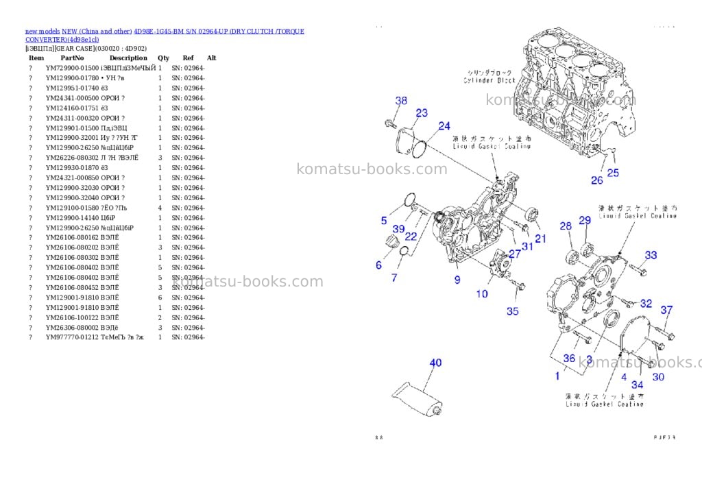 Komatsu 4d98e-1g45-bm s/n 02964-up dry clutch /torque converter Parts catalog cover Komatsu 4d98e-1g45-bm s/n 02964-up dry clutch /torque converter Parts catalog cover