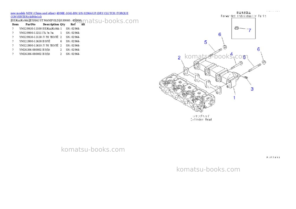 Komatsu 4d98e-1g45-bm s/n 02964-up dry clutch /torque converter Parts catalog cover Page 5 Komatsu 4d98e-1g45-bm s/n 02964-up dry clutch /torque converter Parts catalog cover Page 5