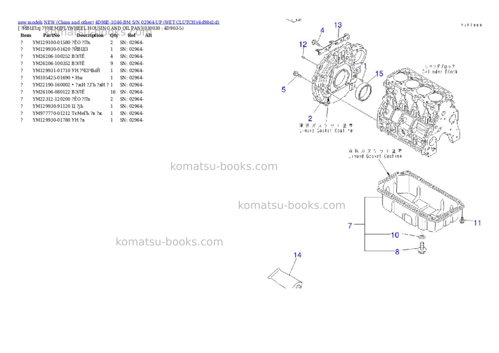 Komatsu 4d98e-1g46-bm s/n 02964-up wet clutch Parts catalog cover Page 2 Komatsu 4d98e-1g46-bm s/n 02964-up wet clutch Parts catalog cover Page 2