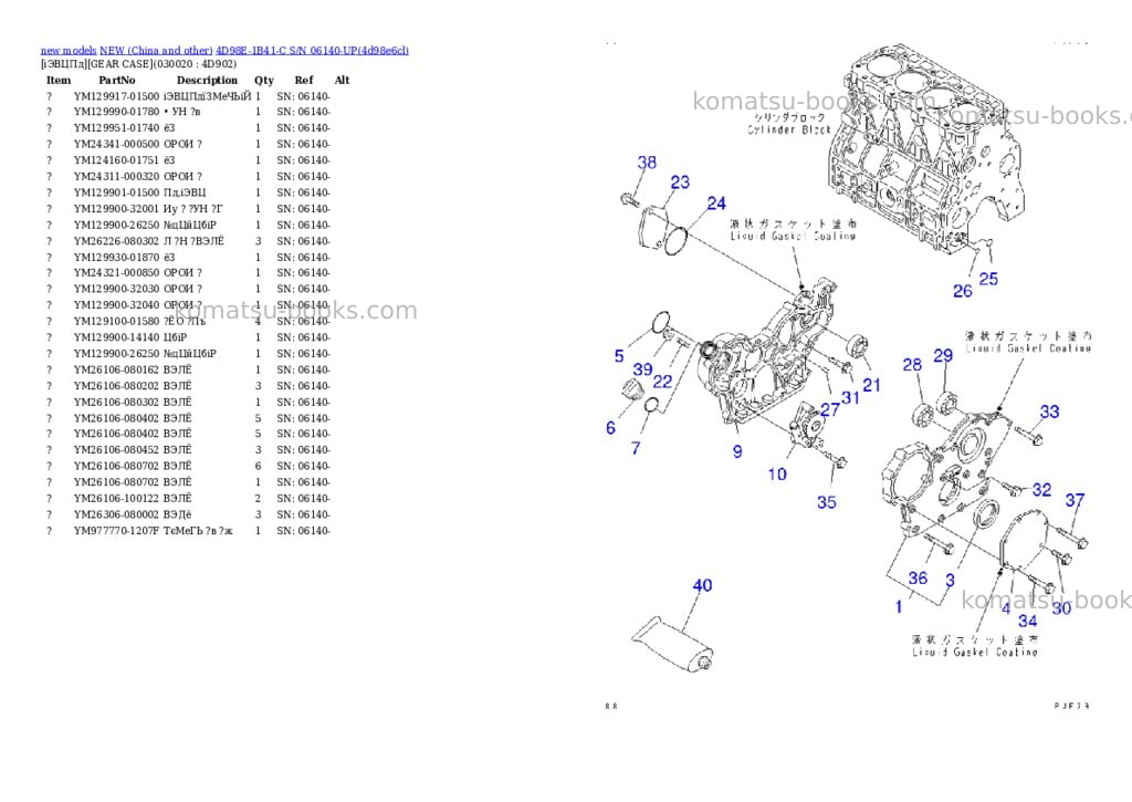 Komatsu 4d98e-1b41-c s/n 06140-up Parts catalog cover