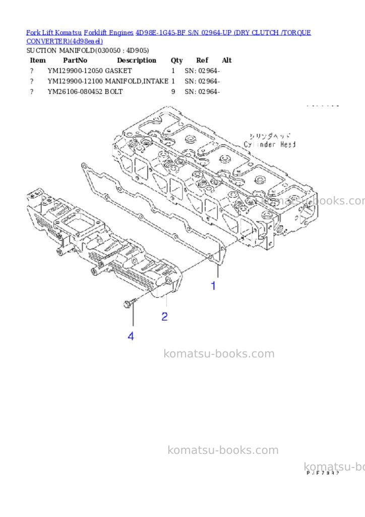 Komatsu 4D98E-1G45-BF S/N 02964-UP (DRY CLUTCH /TORQUE CONVERTER) Parts catalog cover Page 4 Komatsu 4D98E-1G45-BF S/N 02964-UP (DRY CLUTCH /TORQUE CONVERTER) Parts catalog cover Page 4