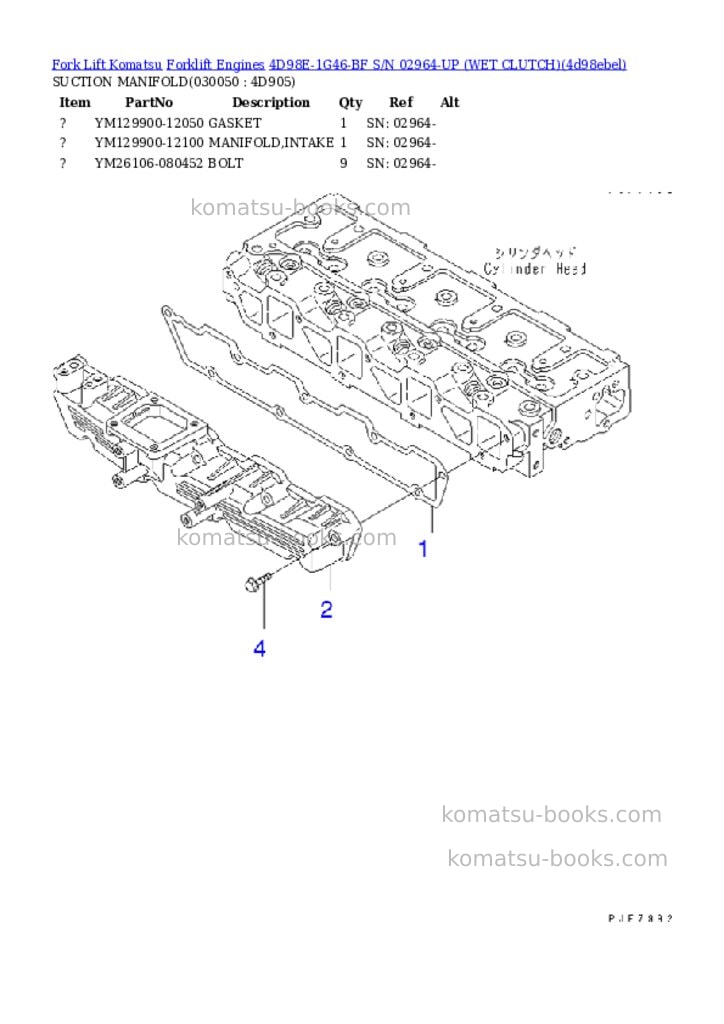 Komatsu 4D98E-1G46-BF S/N 02964-UP (WET CLUTCH) Parts catalog cover Page 4 Komatsu 4D98E-1G46-BF S/N 02964-UP (WET CLUTCH) Parts catalog cover Page 4