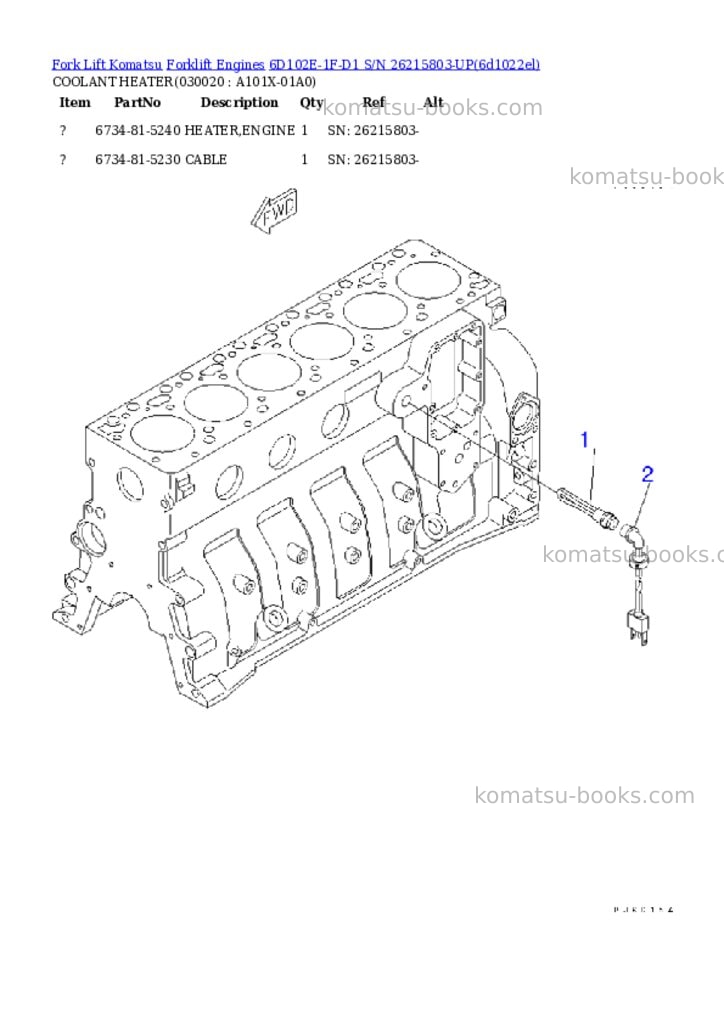 Komatsu 6d102e-1f-d1 s/n 26215803-up Parts catalog cover