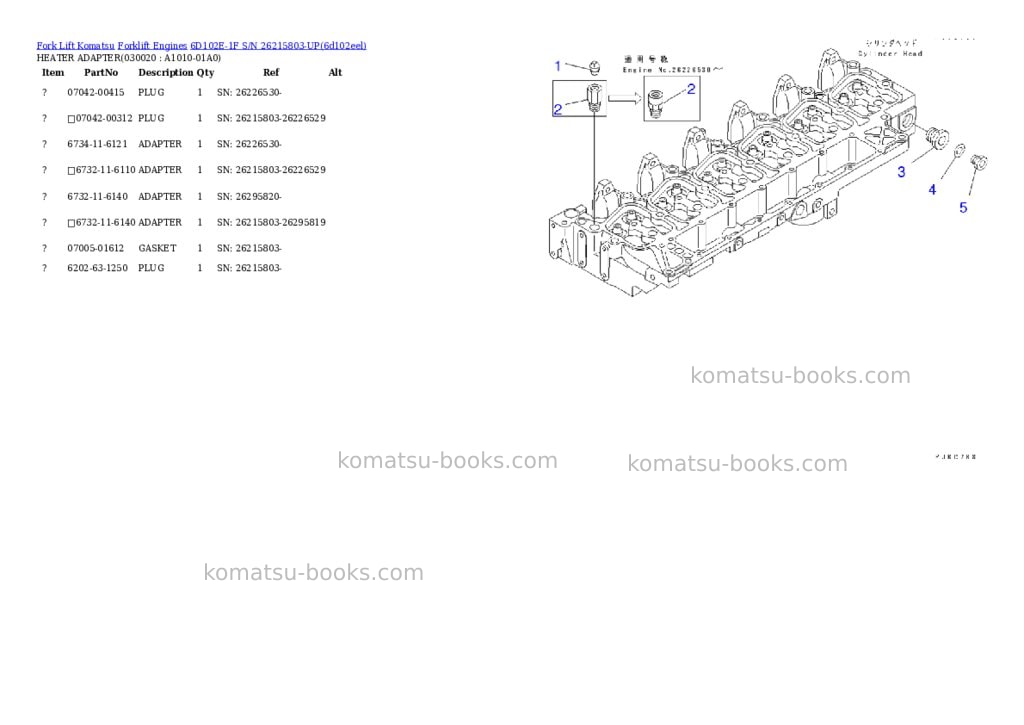 Komatsu 6d102e-1f s/n 26215803-up Parts catalog cover Komatsu 6d102e-1f s/n 26215803-up Parts catalog cover