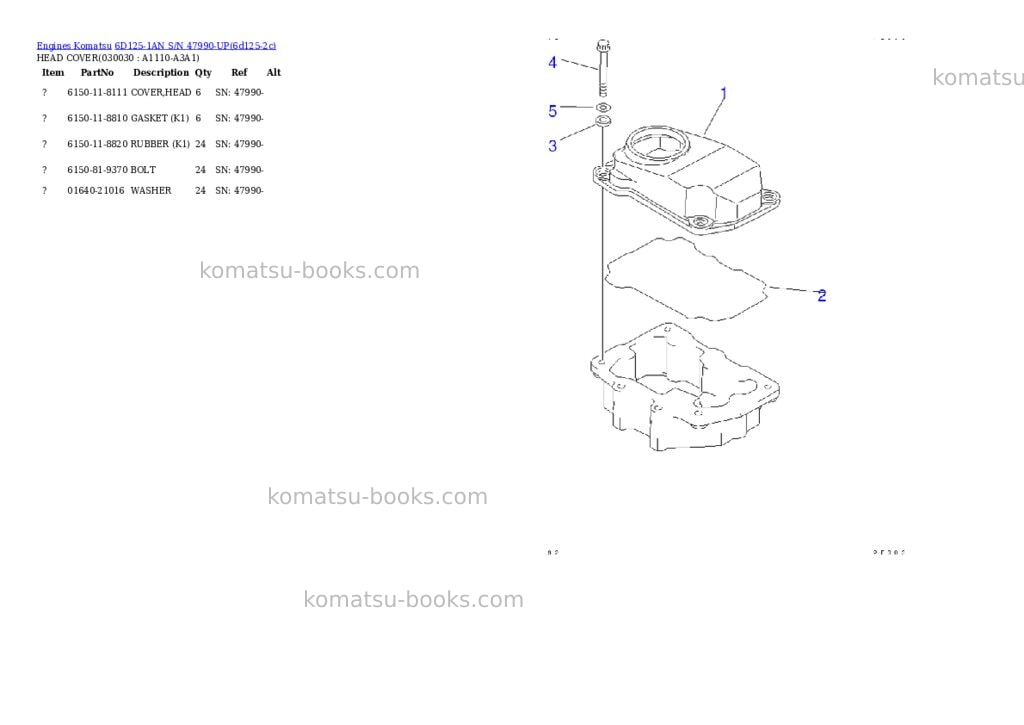 Komatsu 6D125-1AN S/N 47990-UP Parts catalog cover Page 2 Komatsu 6D125-1AN S/N 47990-UP Parts catalog cover Page 2