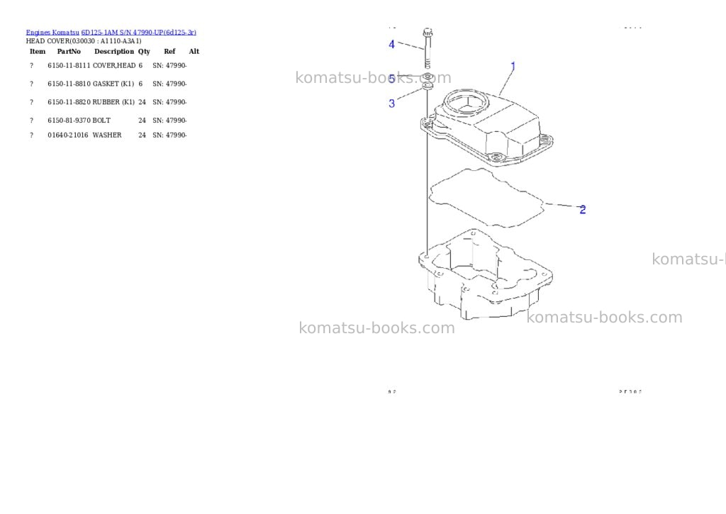 Komatsu 6D125-1AM S/N 47990-UP Parts catalog cover Page 2 Komatsu 6D125-1AM S/N 47990-UP Parts catalog cover Page 2