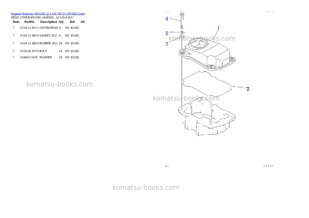 Komatsu 6d125e-2j-5 s/n 60721-up Parts catalog cover Komatsu 6d125e-2j-5 s/n 60721-up Parts catalog cover