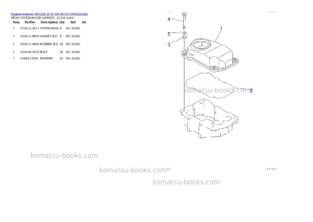 Komatsu 6d125e-2j-s5 s/n 60721-up Parts catalog cover Komatsu 6d125e-2j-s5 s/n 60721-up Parts catalog cover