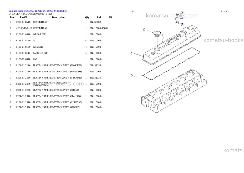 Komatsu 6D95L-1L-WR S/N 10001-UP Parts catalog cover Page 2 Komatsu 6D95L-1L-WR S/N 10001-UP Parts catalog cover Page 2