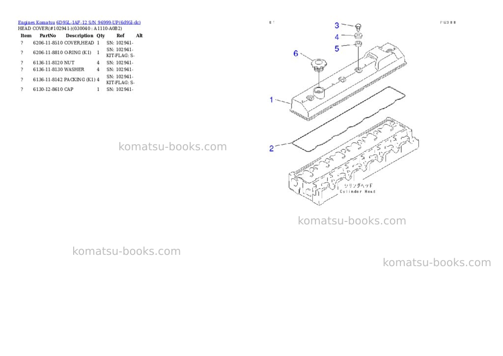 Komatsu 6d95l-1af-12 s/n 96999-up Parts catalog cover Page 3