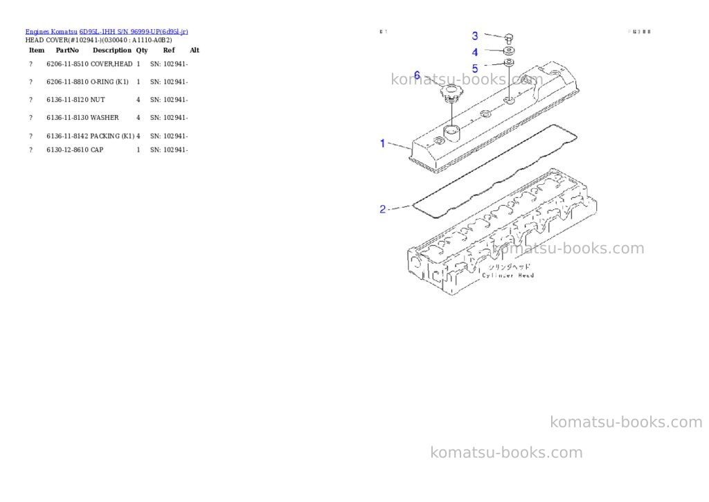 Komatsu 6d95l-1hh s/n 96999-up Parts catalog cover Page 3