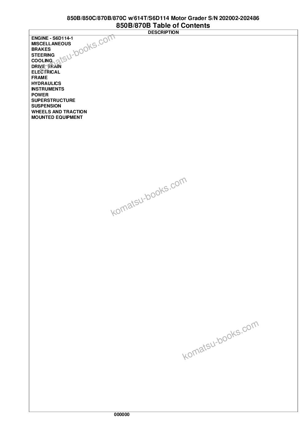 Komatsu 850, 850b, 850c, 870, 870b & 870c w/614t/s6d114 s/n u202002-up Parts catalog cover Page 2 Komatsu 850, 850b, 850c, 870, 870b & 870c w/614t/s6d114 s/n u202002-up Parts catalog cover Page 2