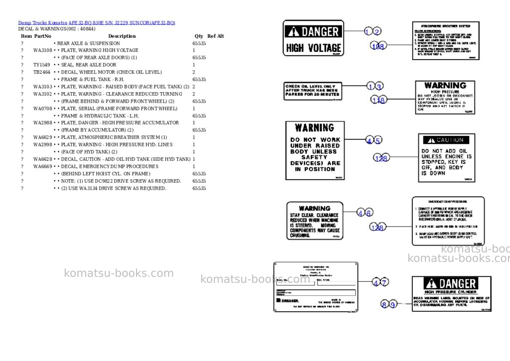 Komatsu afe32-bq 830e s/n 32229 suncor Parts catalog cover