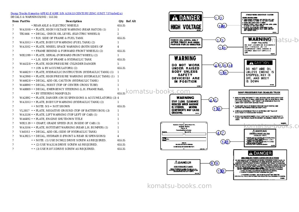 Komatsu afe42-z 630e s/n a31433 century zinc unit 737 Parts catalog cover