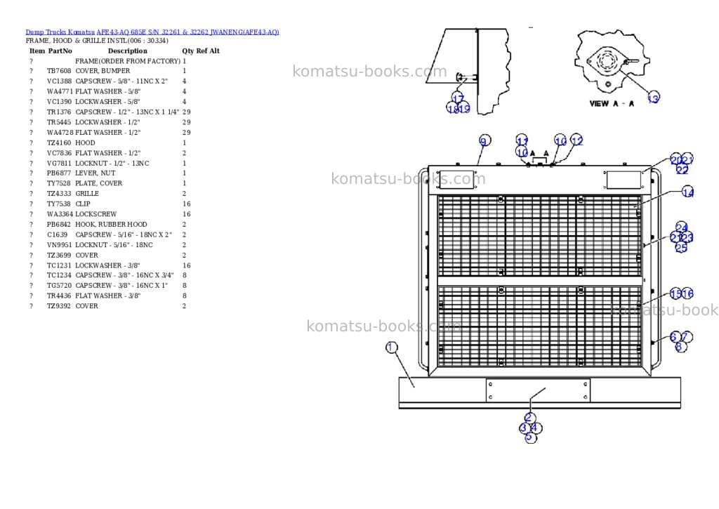 Komatsu afe43-aq 685e s/n 32261 & 32262 jwaneng Parts catalog cover